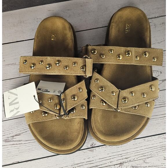 ZARA Studded Criss Cross Sandals Gold Tan Size 6 US New With Tags NWOT Womens - Picture 5 of 7